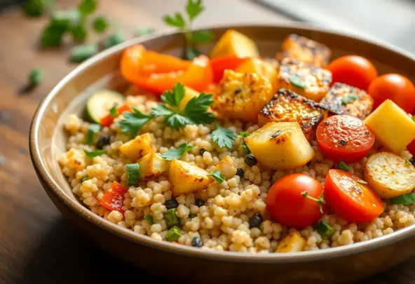 Mediterrane Quinoakom met Geroosterde Groenten & Halloumi