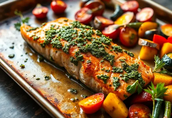 Zalm met Pesto-Kruidenkorst & Geroosterde Groenten Recept